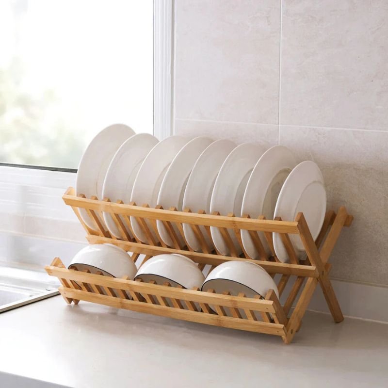 Double-Layer Foldable Bamboo Dish Rack