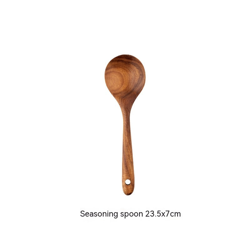 Wooden bowl, teak dresser, long-handled spoon, wooden sieve, non-stick spatula