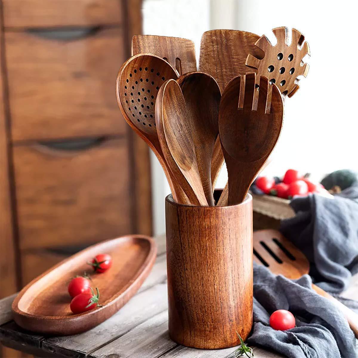Wooden bowl, teak dresser, long-handled spoon, wooden sieve, non-stick spatula