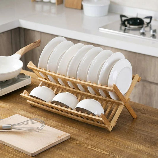 Double-Layer Foldable Bamboo Dish Rack