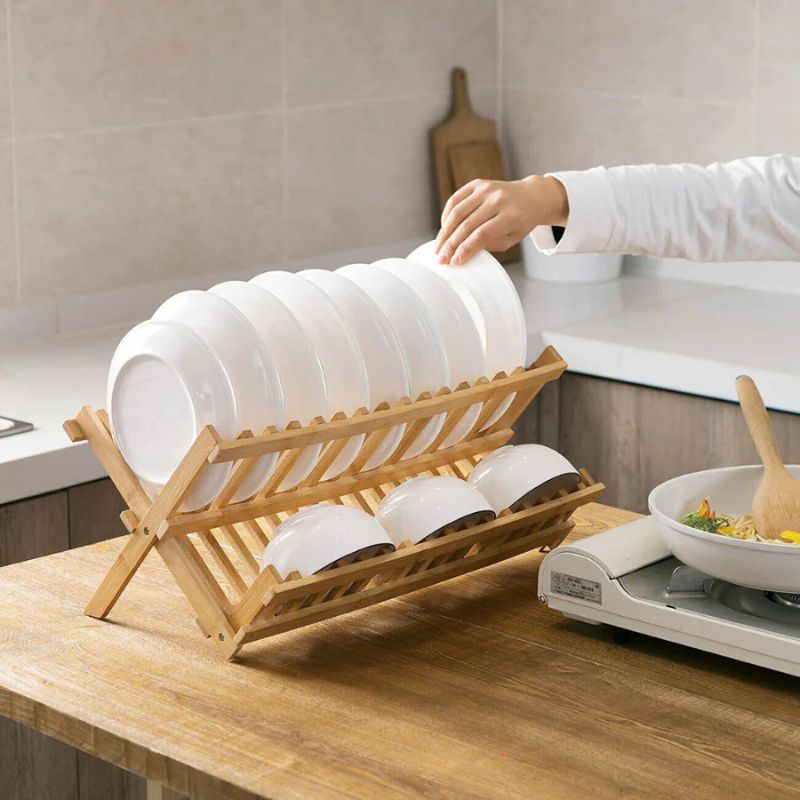 Double-Layer Foldable Bamboo Dish Rack