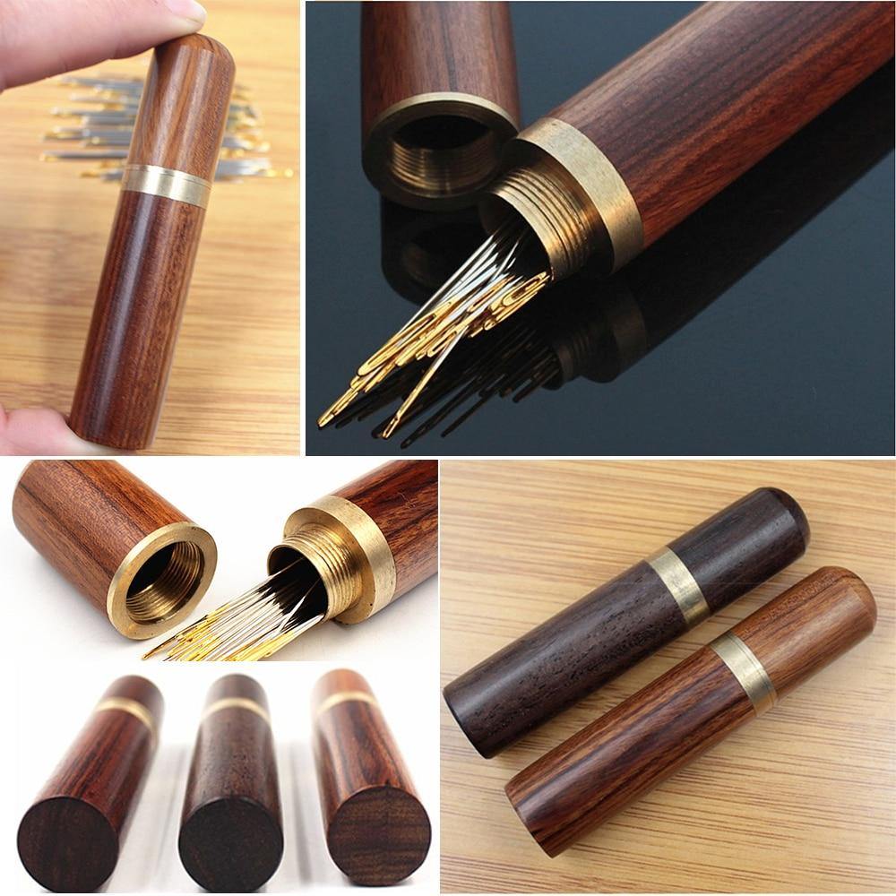 Sovrik Sewing Needles Holder Storage Tube Wooden Box Hand Sewing Needles Case Leather Knitting Embroidery Repair Needles Container (Random)